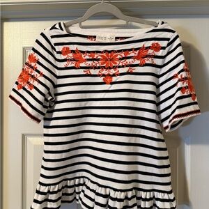 Striped Top with Orange Floral Embroidery
